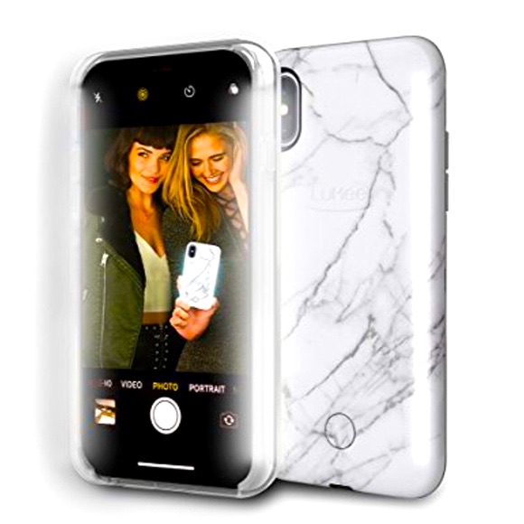 Lumee Iphone X Lighted Duo Selfie Phone Case White Marble Influencer Cell Light
